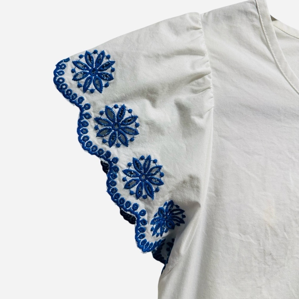 J. Crew embroidered flutter sleeve top white with blue scalloped sleeves Small - Picture 7 of 12
